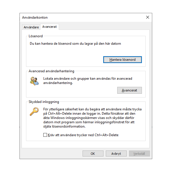 Aktivera skyddad inloggning i netplwiz
